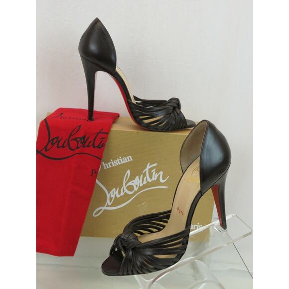 LOUBOUTIN MIRANDA 100 BROWN LEATHER D'ORSAY STRAPPY KNOTTED OPEN TOE PUMPS 37 - Picture 1 of 12